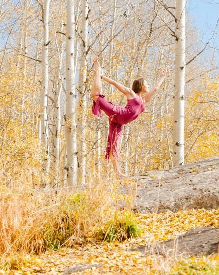 Somewhere in Colorado this lovely yogini is wearing our faery capris and tank in dry rose